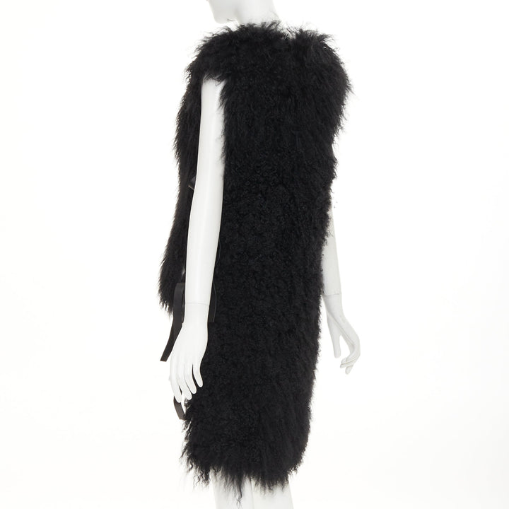 GIVENCHY black Mongolia shearling fur leather ribbon high low vest coat IT36 XXS