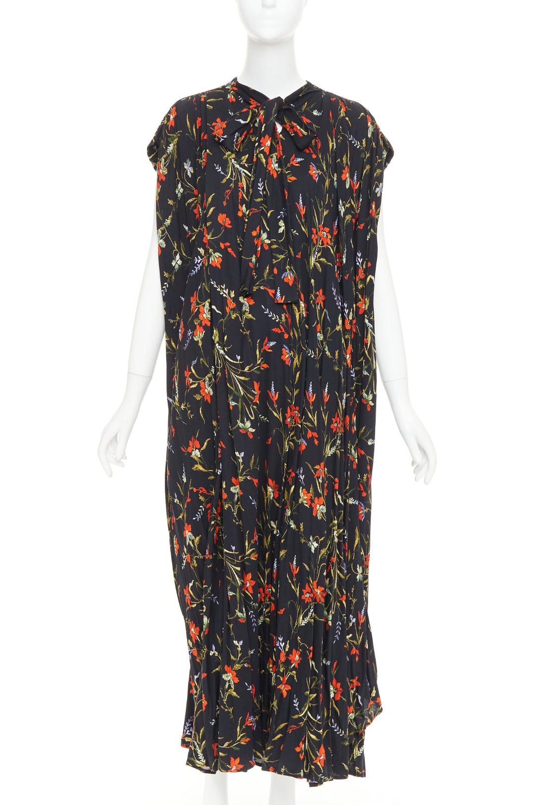 BALENCIAGA 2016 Runway black red floral Voluminous pleat maxi tent dress FR36 S