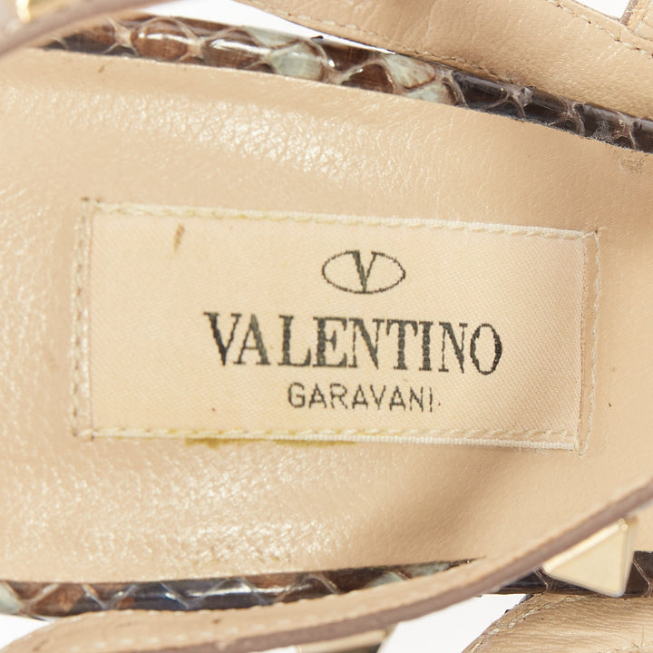 VALENTINO Rockstud python leather beige cage ankle strap stiletto pumps EU37