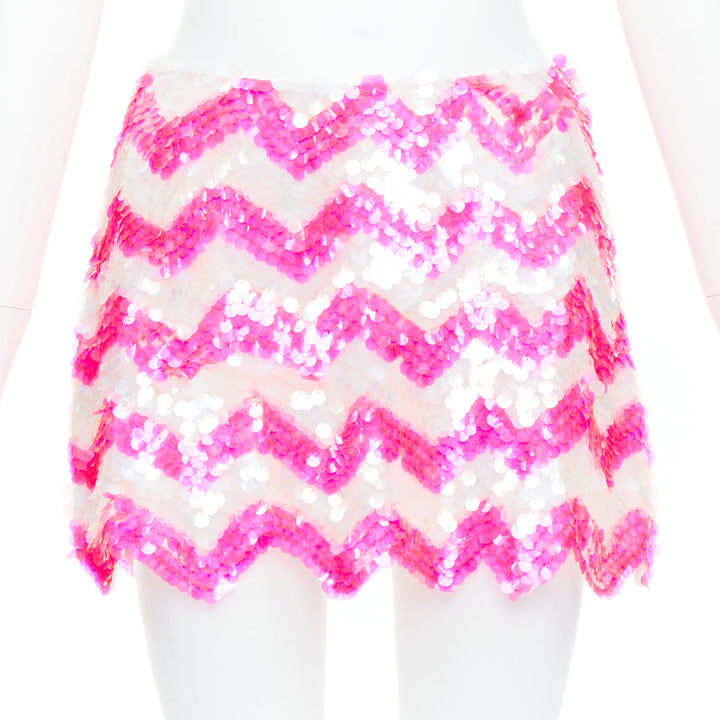 ASHISH white neon hot pink chevron paillettes sequin mini skirt XS
