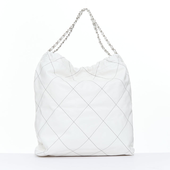 CHANEL 2022 Runway 22 Medium white quilted shiny calfskin silver hobo bag