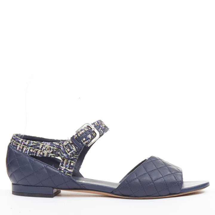 CHANEL navy quilted lambskin leather metallic tweed mary jane sandals EU39