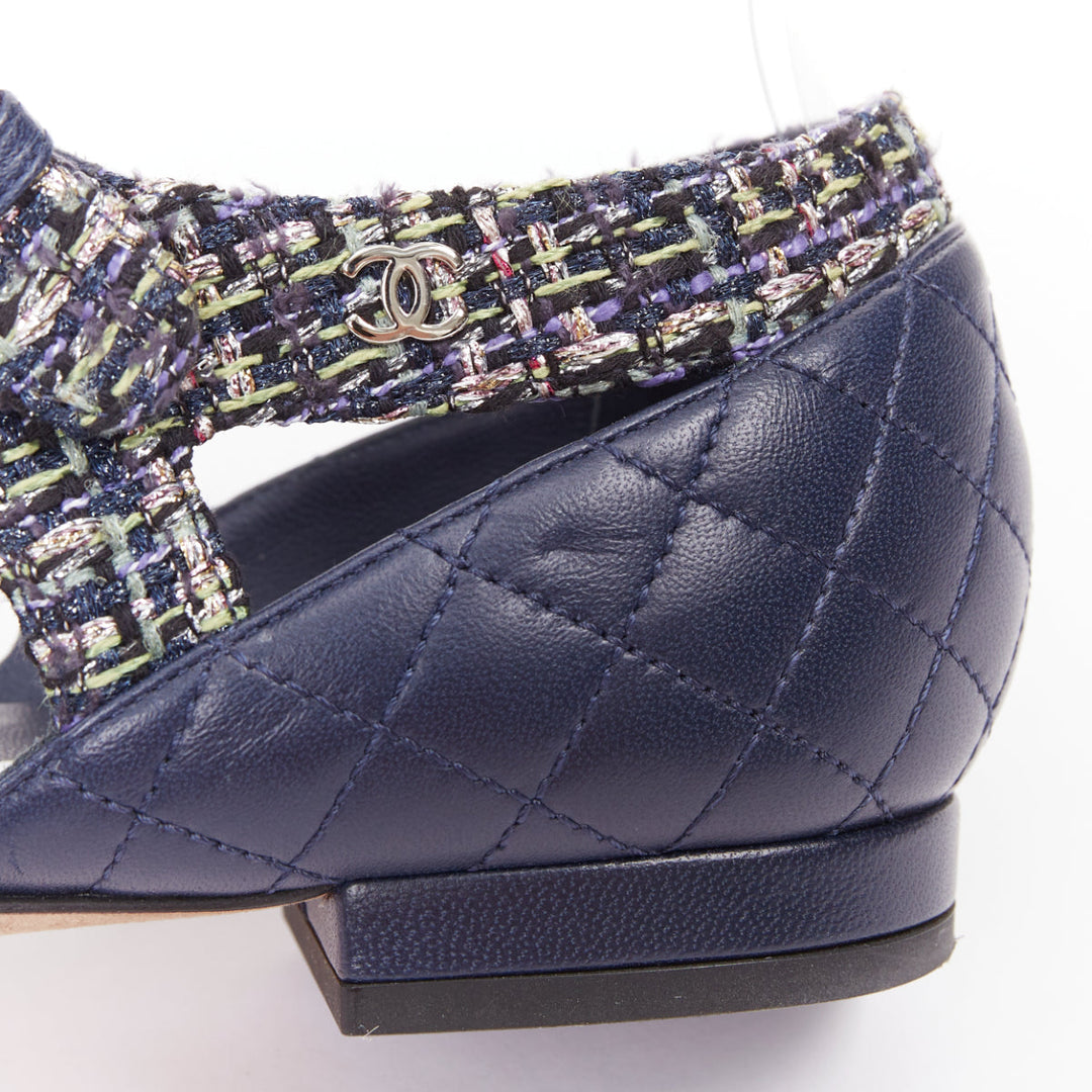 CHANEL navy quilted lambskin leather metallic tweed mary jane sandals EU39