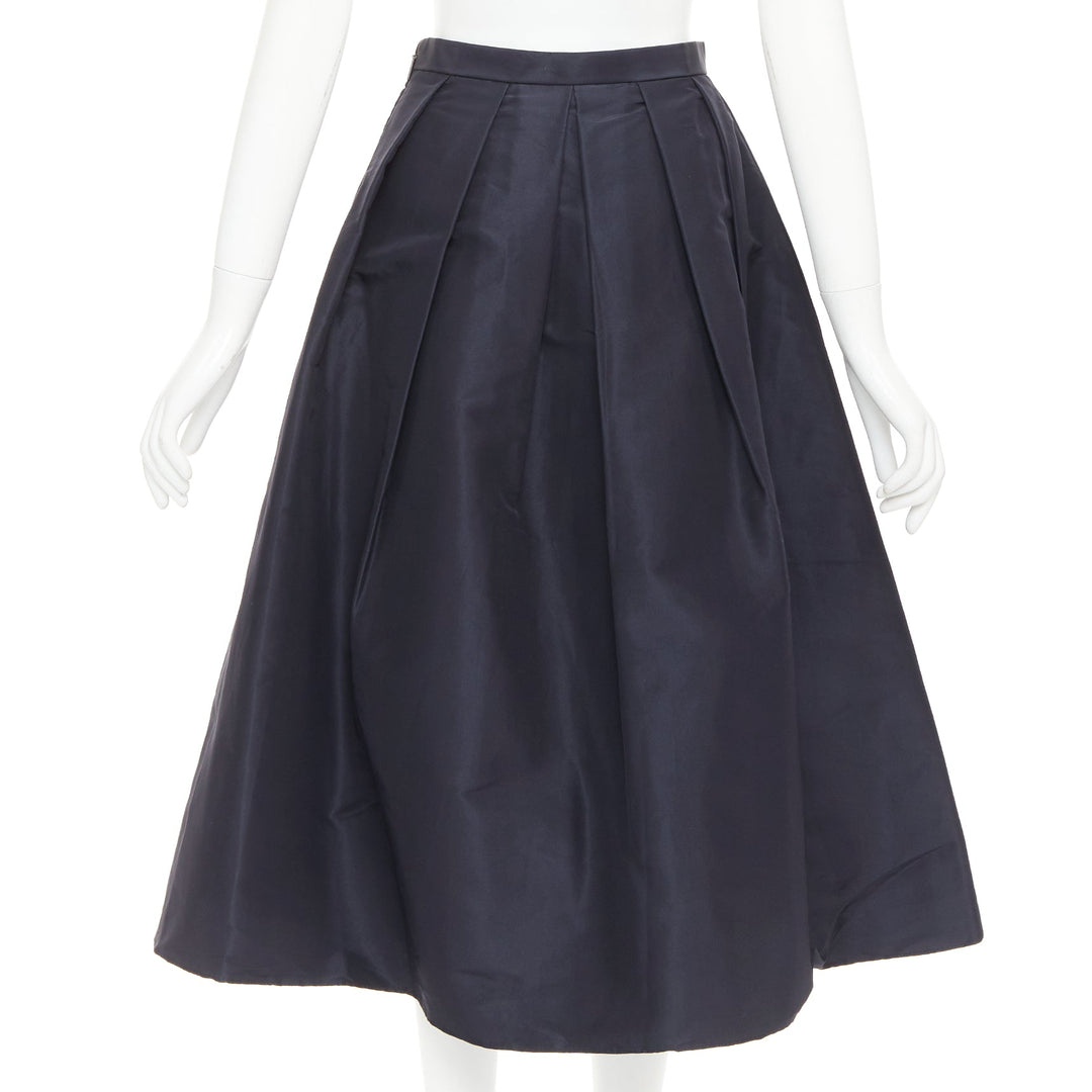 TIBI navy 100% silk satin crepe box pleated flared tea length midi skirt US0 XS