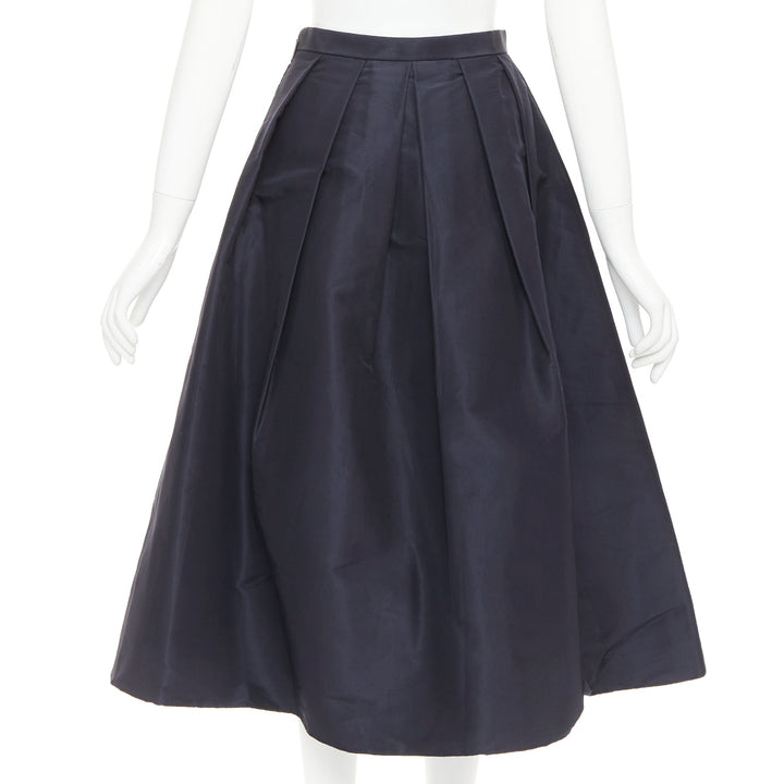 TIBI navy 100% silk satin crepe box pleated flared tea length midi skirt US0 XS