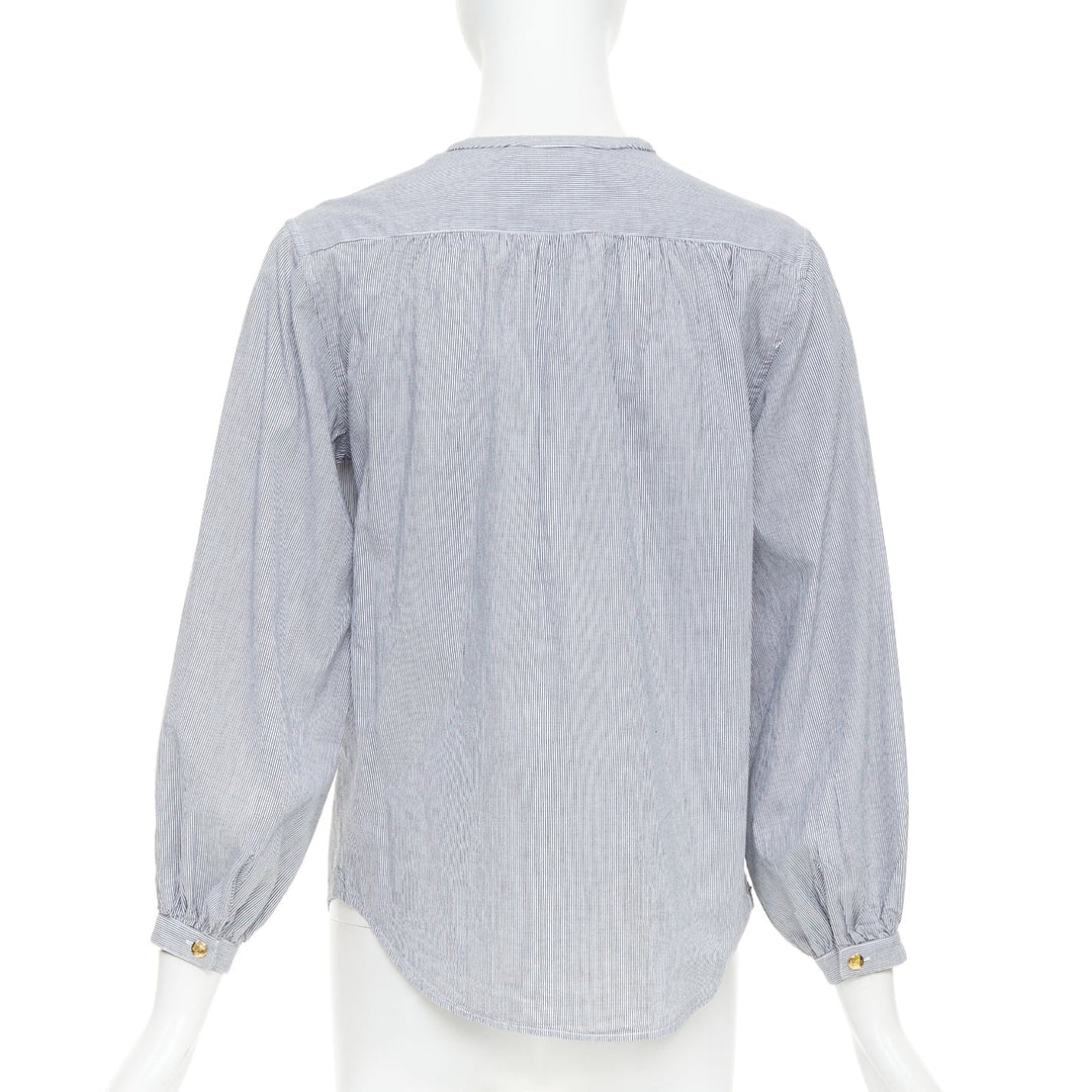 CELINE Romy grey white striped cotton voile lace up front anagram blouse FR36 S