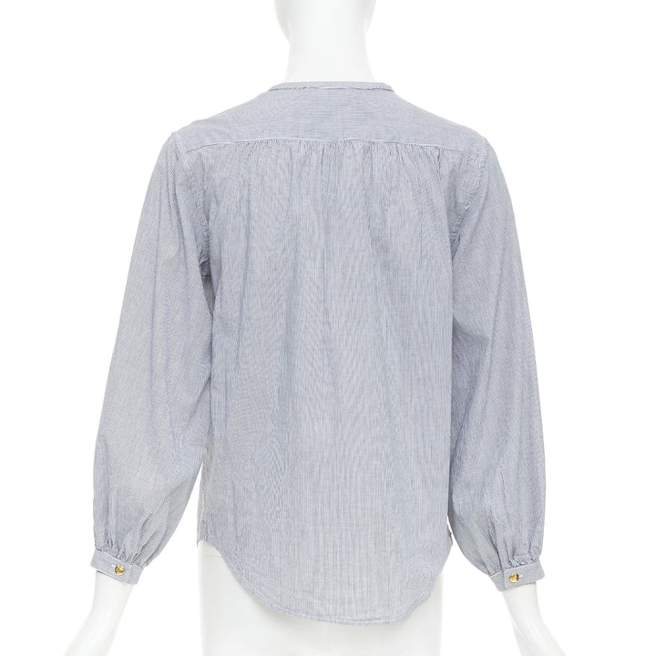 CELINE Romy grey white striped cotton voile lace up front anagram blouse FR36 S