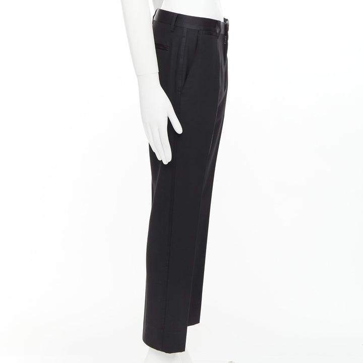 DOLCE GABBANA black wooly satin waist trim taperd mid waist pants IT44 XS
