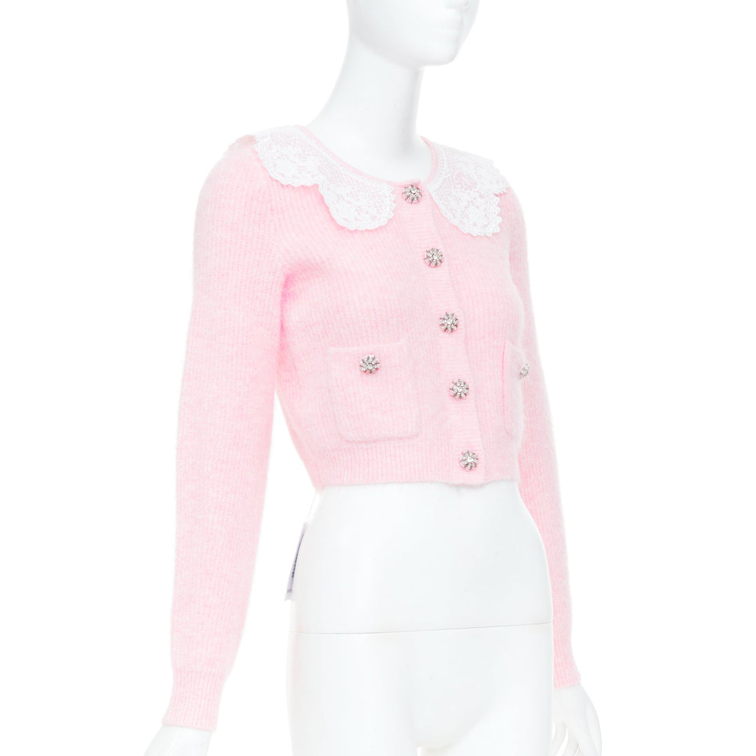 SELF PORTRAIT AW24 lace collar crystal button cropped mohair cardigan S