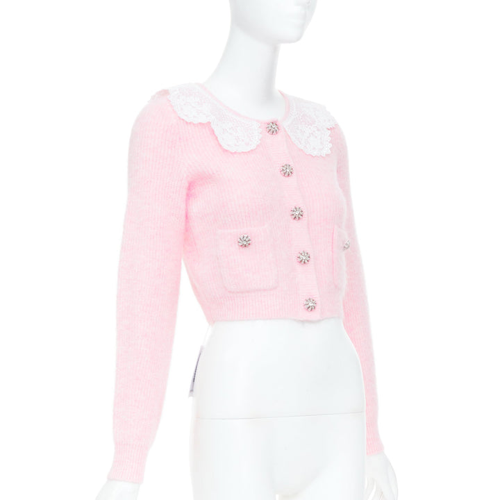 SELF PORTRAIT AW24 lace collar crystal button cropped mohair cardigan S