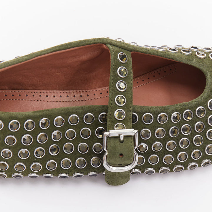 ALAIA 2023 La Ballerine Vert Foret green suede crystal buckle maryjane EU37.5