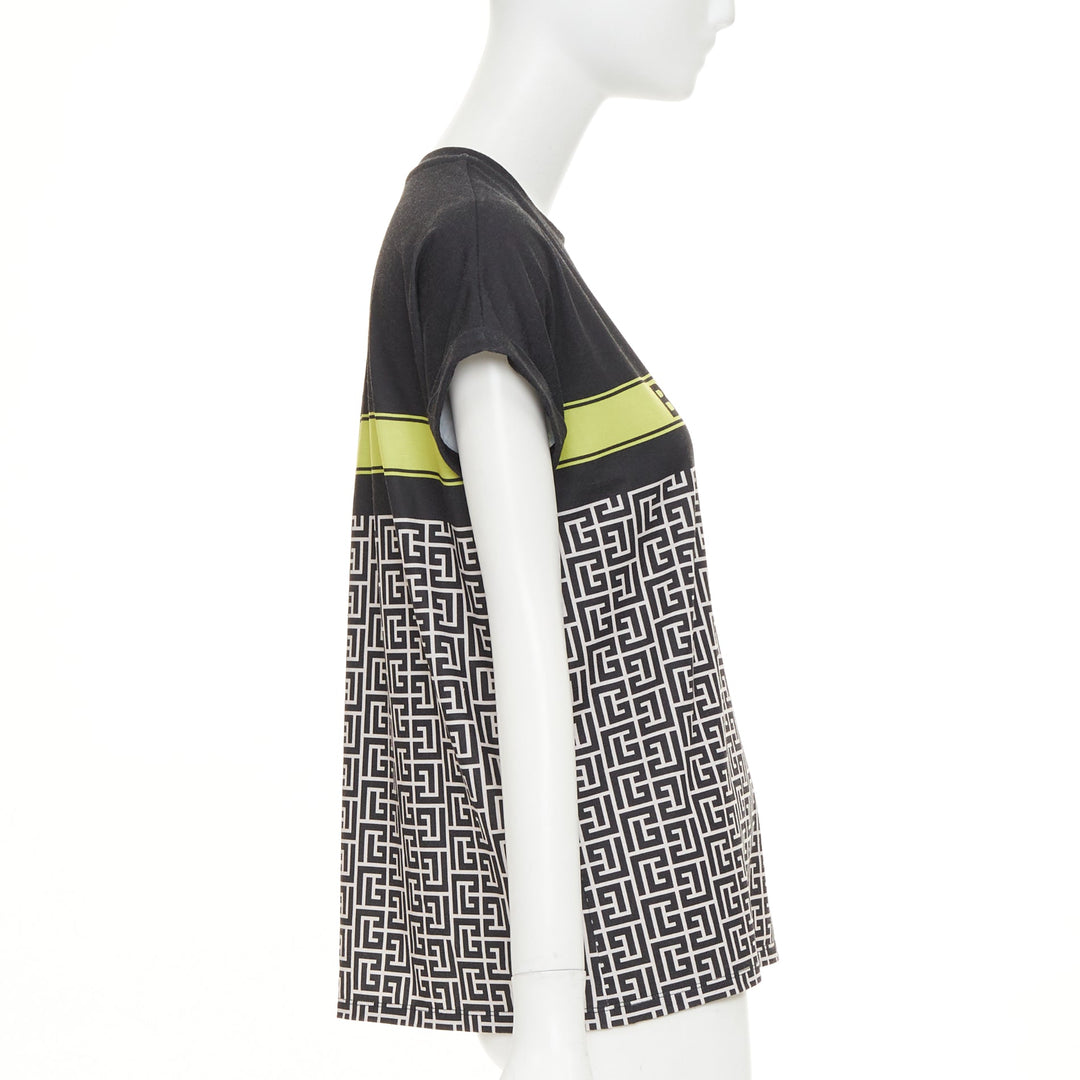 BALMAIN black yellow logo graphic printed rolled sleeves tshirt XS