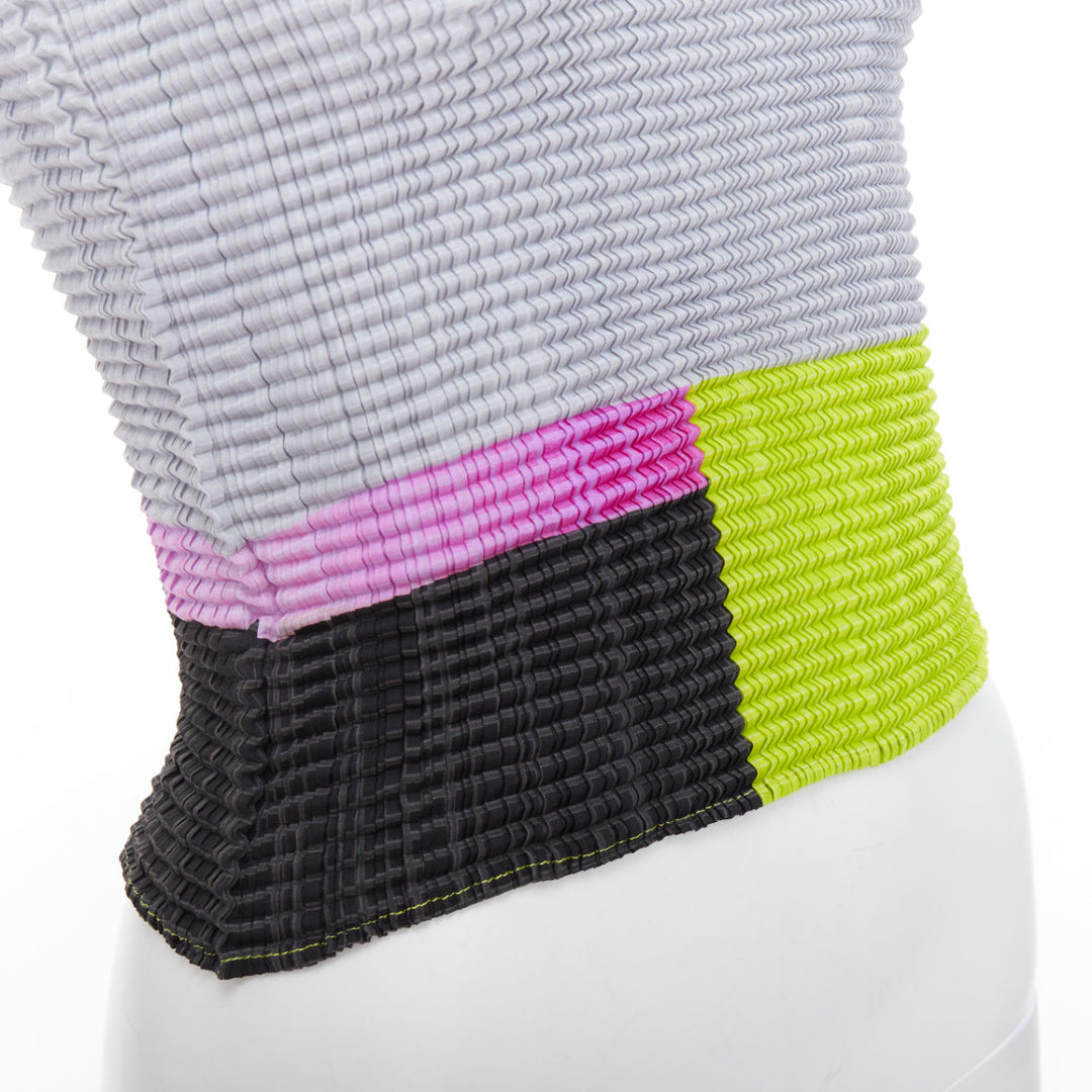 ISSEY MIYAKE neon green pink grey colorblock pleated tank top M