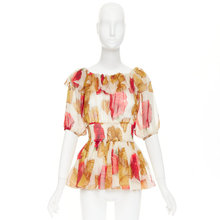 DOLCE GABBANA 2018 Cookie Rose print smocked ruffle sheer silk top IT38 XS