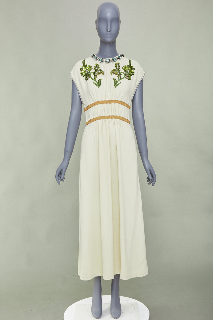 GUCCI 2019 beige crystal floral embroidered jersey empire waist gown S