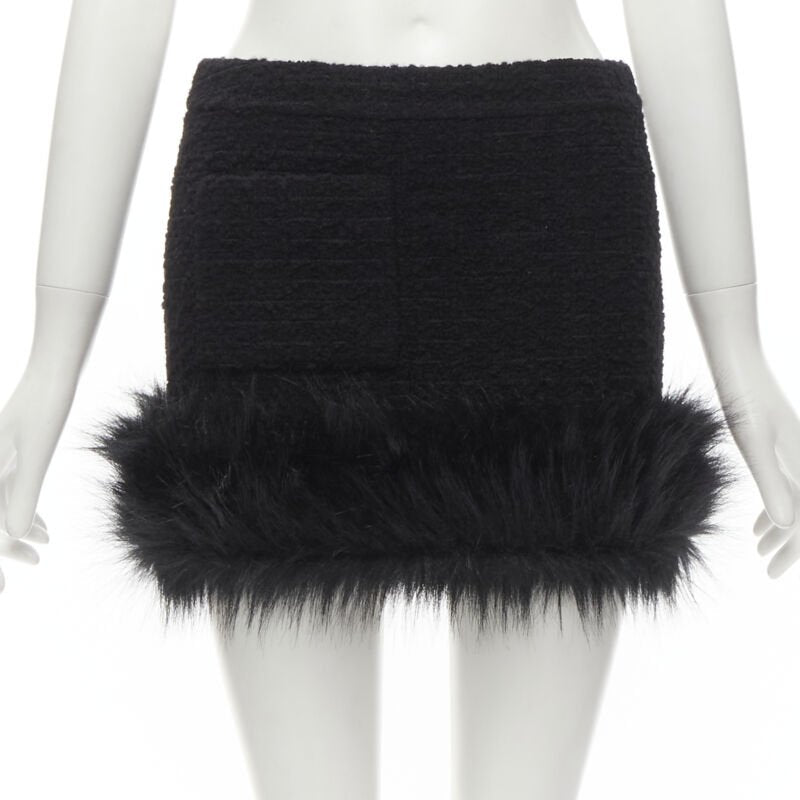 SAINT LAURENT 2022 black tweed faux fur trimmed mini skirt FR34 XS