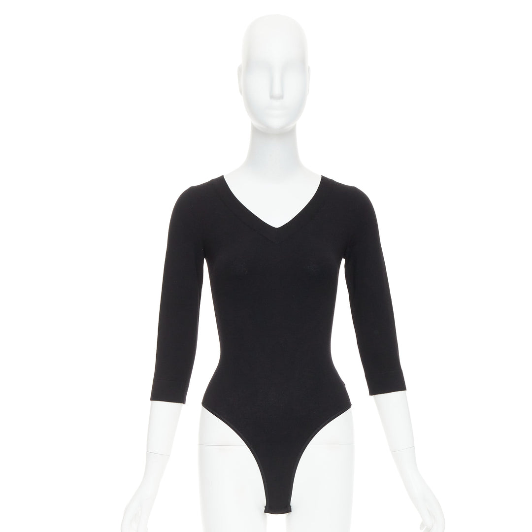 ALAIA black virgin wool blend V-neck bodysuit sweater leotard top FR36 S