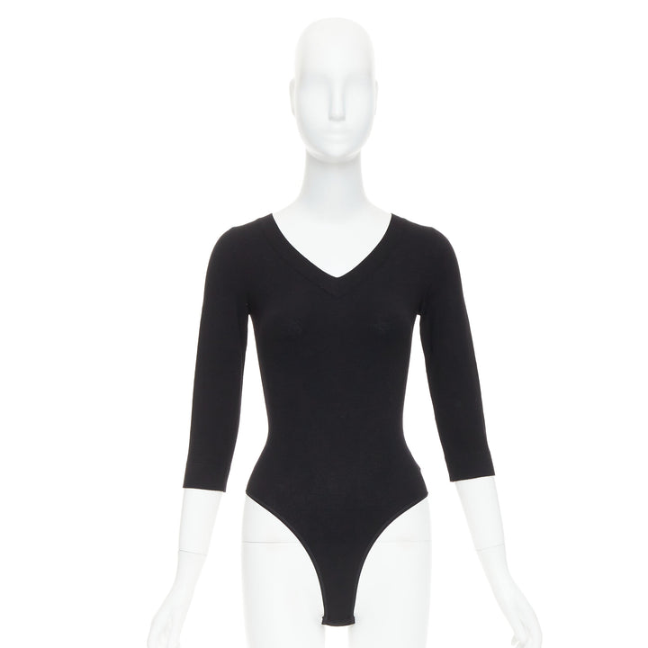 ALAIA black virgin wool blend V-neck bodysuit sweater leotard top FR36 S