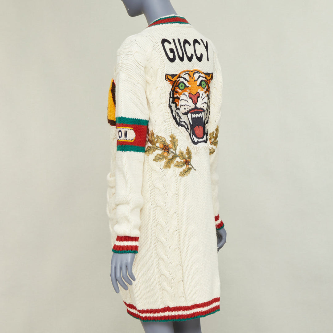 GUCCI 2018 cream wool A badge varsity long cardigan XXS Jennifer Lopez