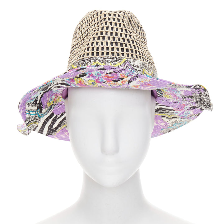 ETRO purple cotton blend paisley print beige raffia jute floppy hat S