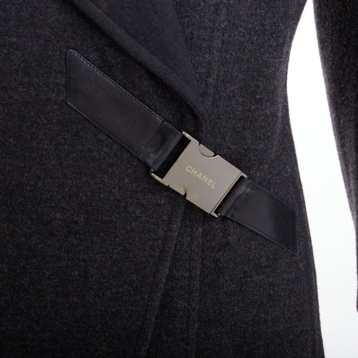 CHANEL 00A dark grey wool blend logo metal buckle asymmetric coat FR38 M