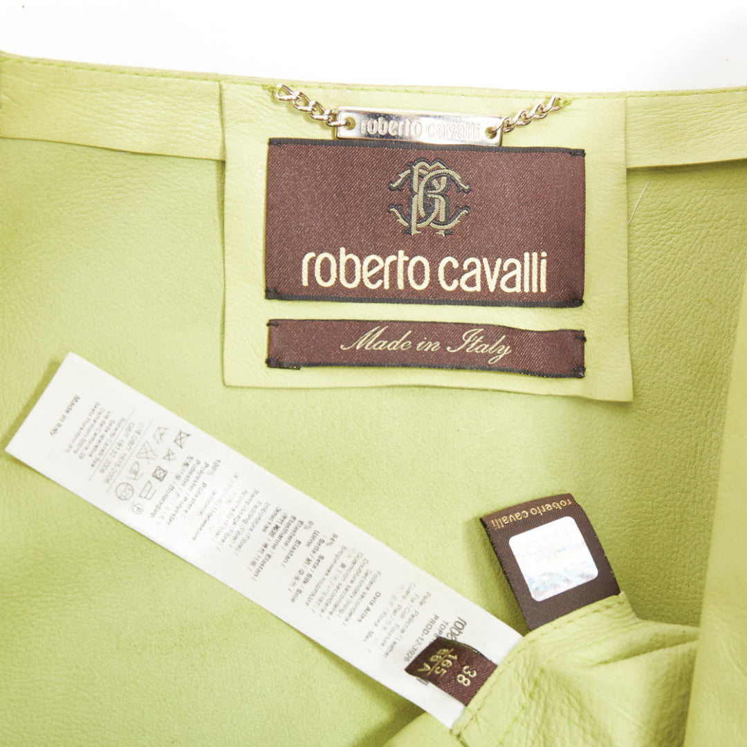 ROBERTO CAVALLI lime green leather moto power shoulder biker jacket IT38 XS