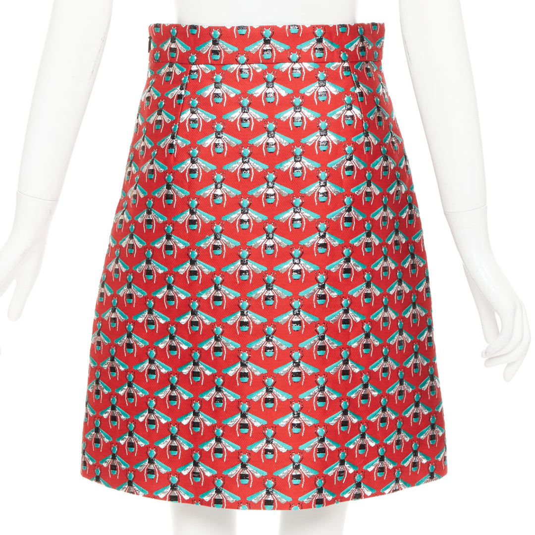GUCCi 2015 Hibiscus Red Bee jacquard high waist A-line skirt IT40 S