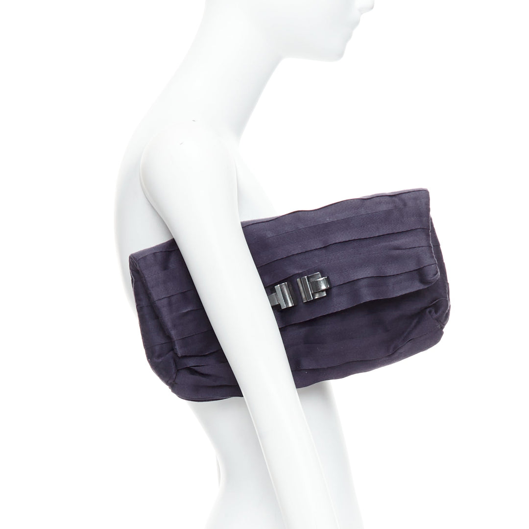 LANVIN purple satin pleated fabric silver buckle foldover clutch bag