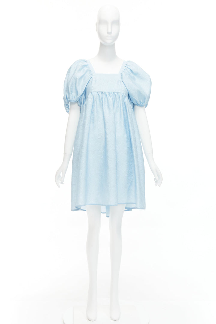 CECILIE BAHNSEN blue silk blend rose silk jacquard puff babydoll dress UK6 XS