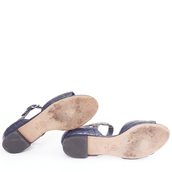 CHANEL navy quilted lambskin leather metallic tweed mary jane sandals EU39