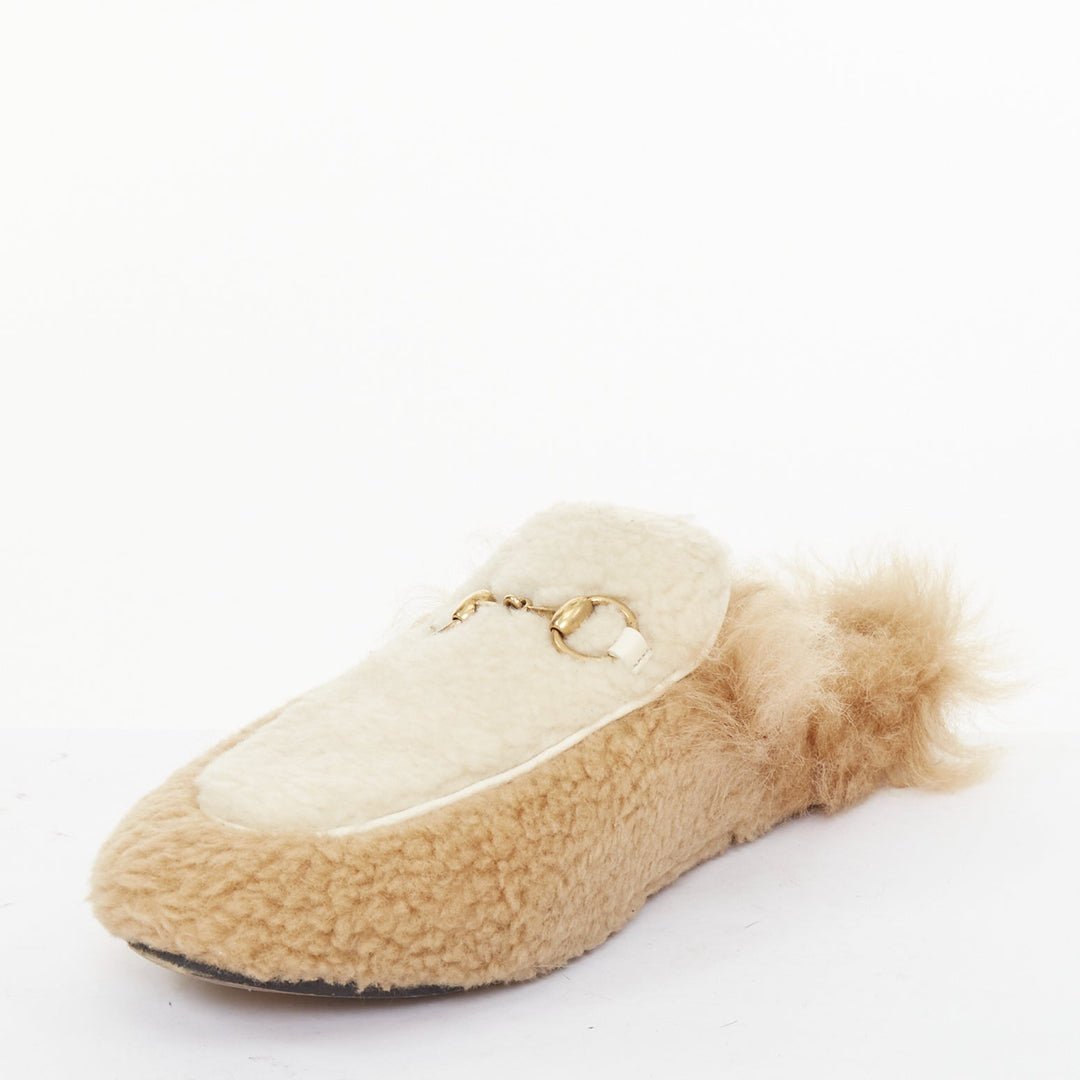 GUCCI Princetown beige shearling horsebit backless loafer mules EU37