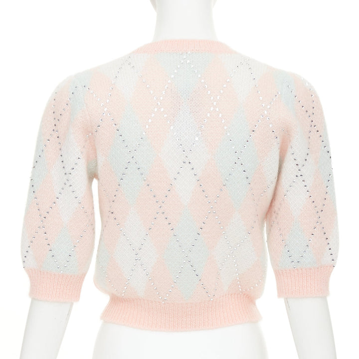 ALESSANDRA RICH Crystal pink argyle checked mohair blend top IT38 XS