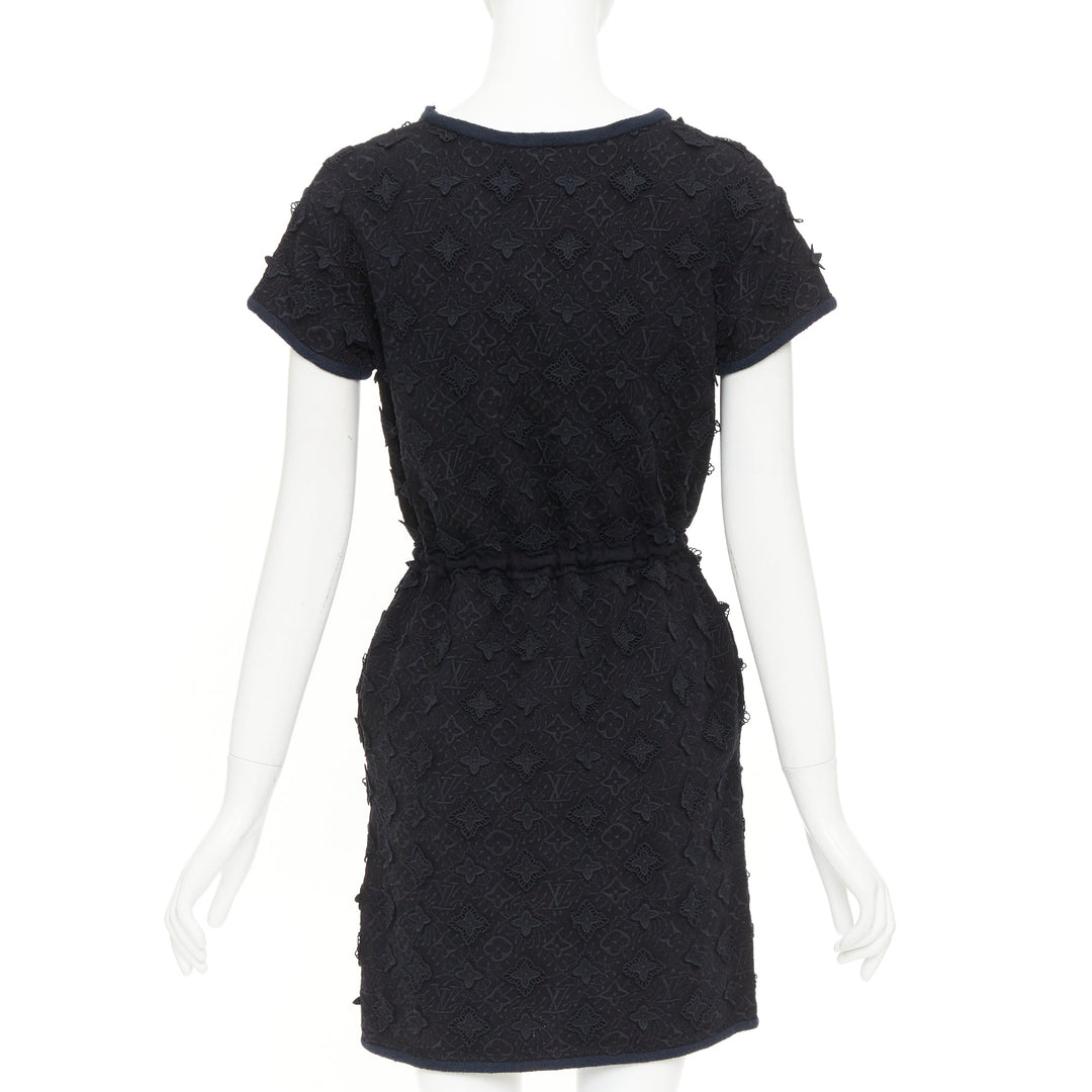 LOUIS VUITTON black LV logo monogram raised lace drawstring short dress XS
