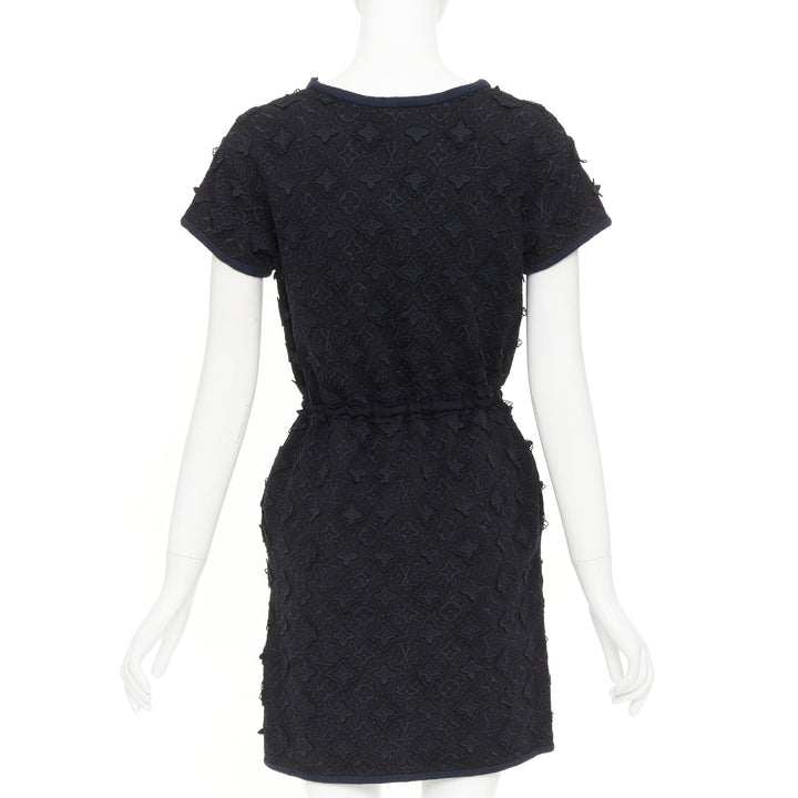 LOUIS VUITTON black LV logo monogram raised lace drawstring short dress XS