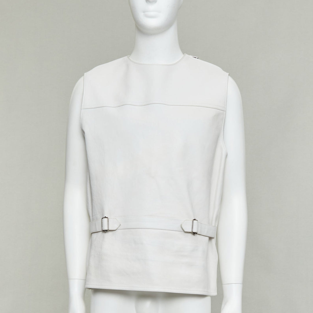 rare PRADA 2023 Runway Raf Simons Vitello white calf leather buckle vest IT50 L