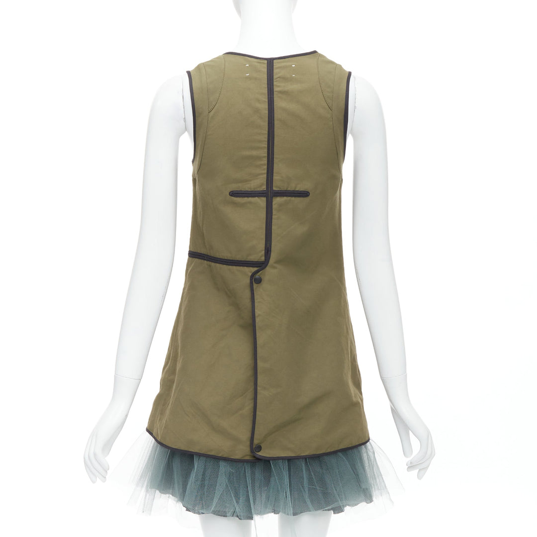 MARNI 2011 khaki utility cutout vest green tulle hem mini dress IT36 XXS