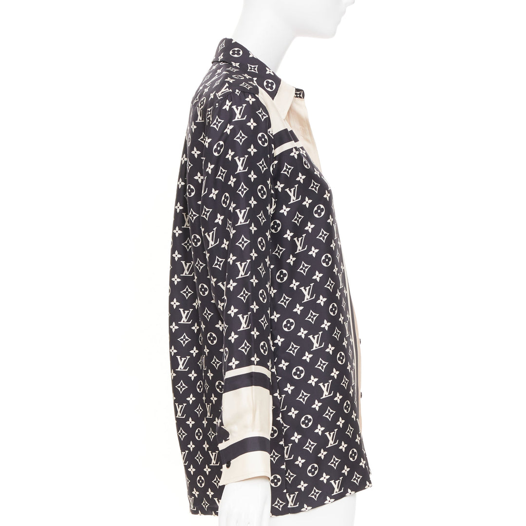 LOUIS VUITTON 2020 stripe accent mixed monogram silk long sleeve shirt FR34 XS