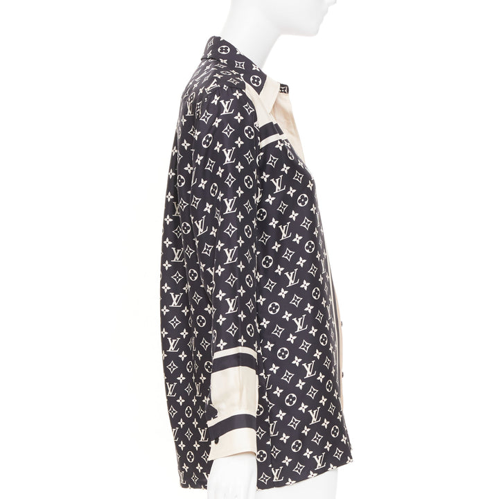 LOUIS VUITTON 2020 stripe accent mixed monogram silk long sleeve shirt FR34 XS