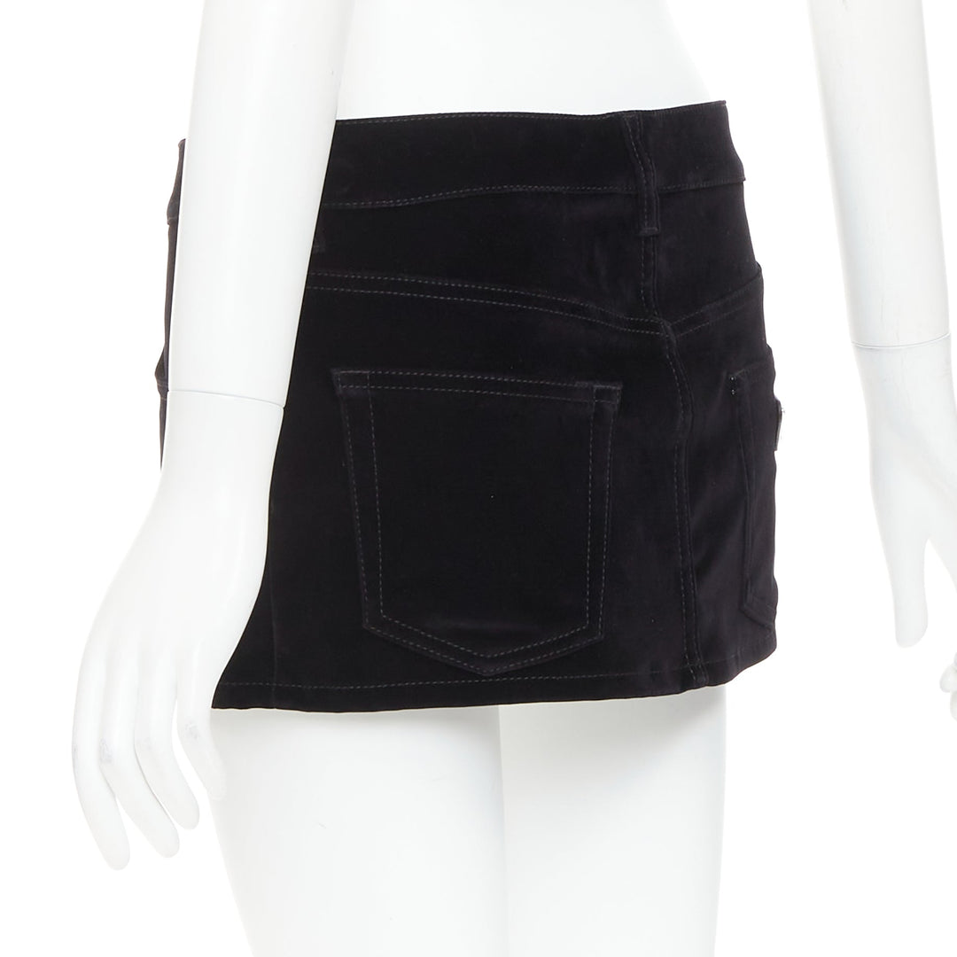 PRADA 2023 black velvet denim silver triangle logo low rise mini skirt IT40 S