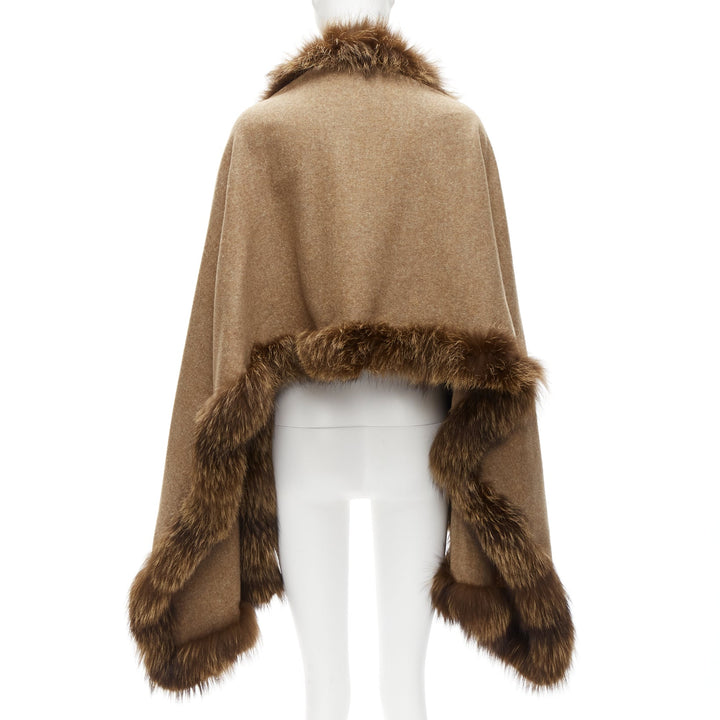 NO BRAND brown real fur trim soft wool rectangular shawl scarf