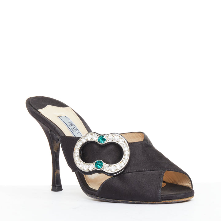 PRADA black satin green clear crystal buckle open toes muled sandals EU36.5