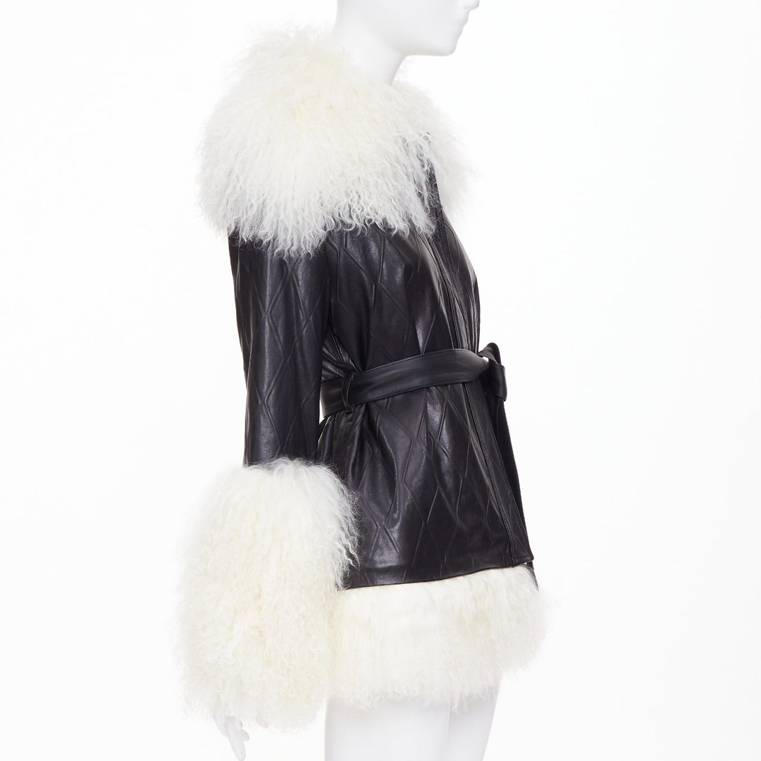 SKIIM PARIS Fran Mongolian diamond embossed lambskin black leather coat FR36 S
