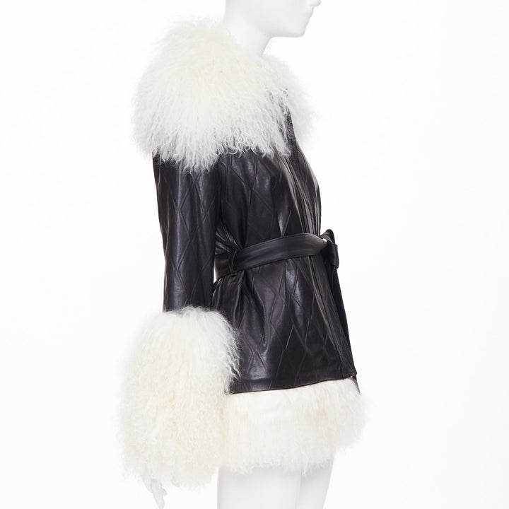 SKIIM PARIS Fran Mongolian diamond embossed lambskin black leather coat FR36 S