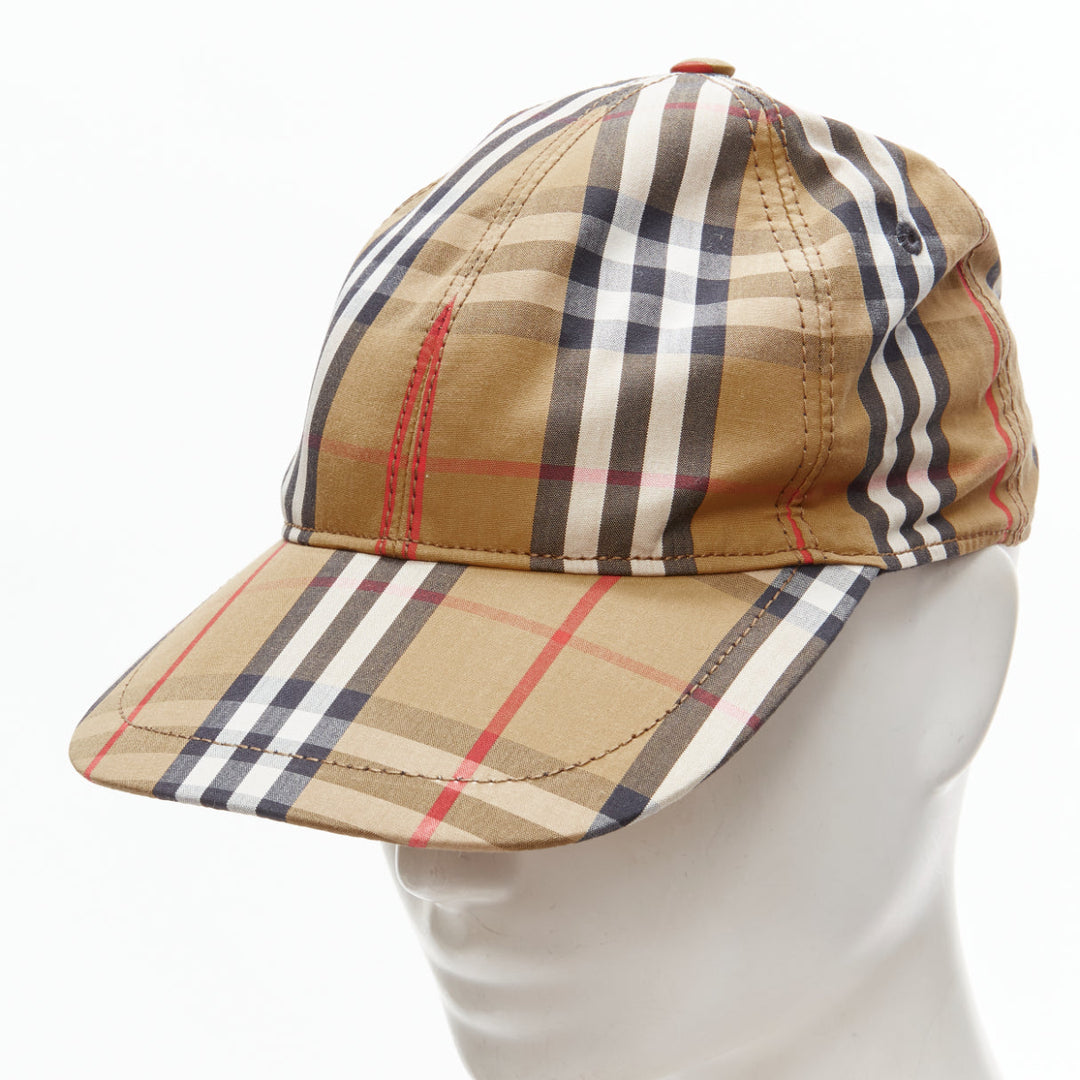 BURBERRY House Check brown cotton adjustable leather strap dad cap S
