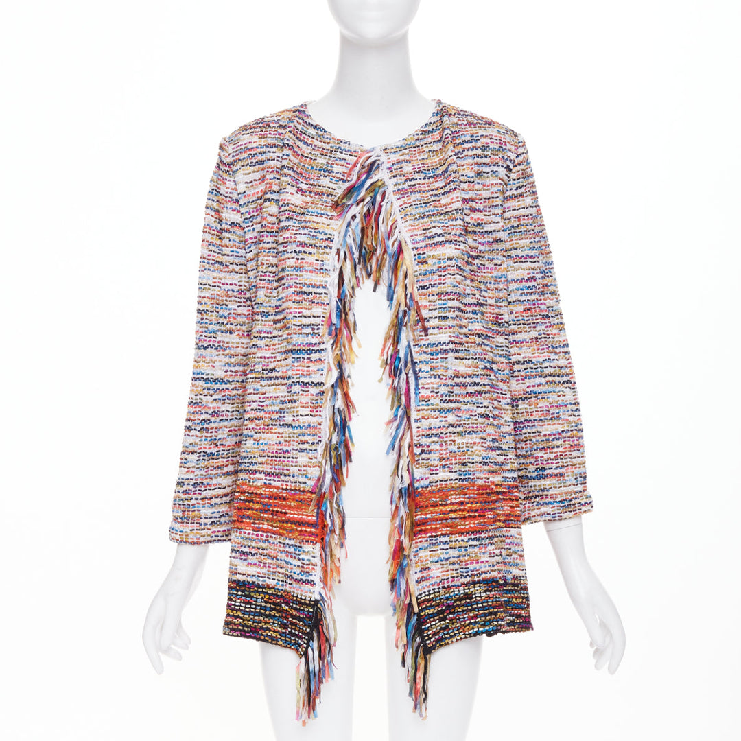 ST JOHN COUTURE multicolor rainbow ribbon trim tweed fringe knit cardigan M