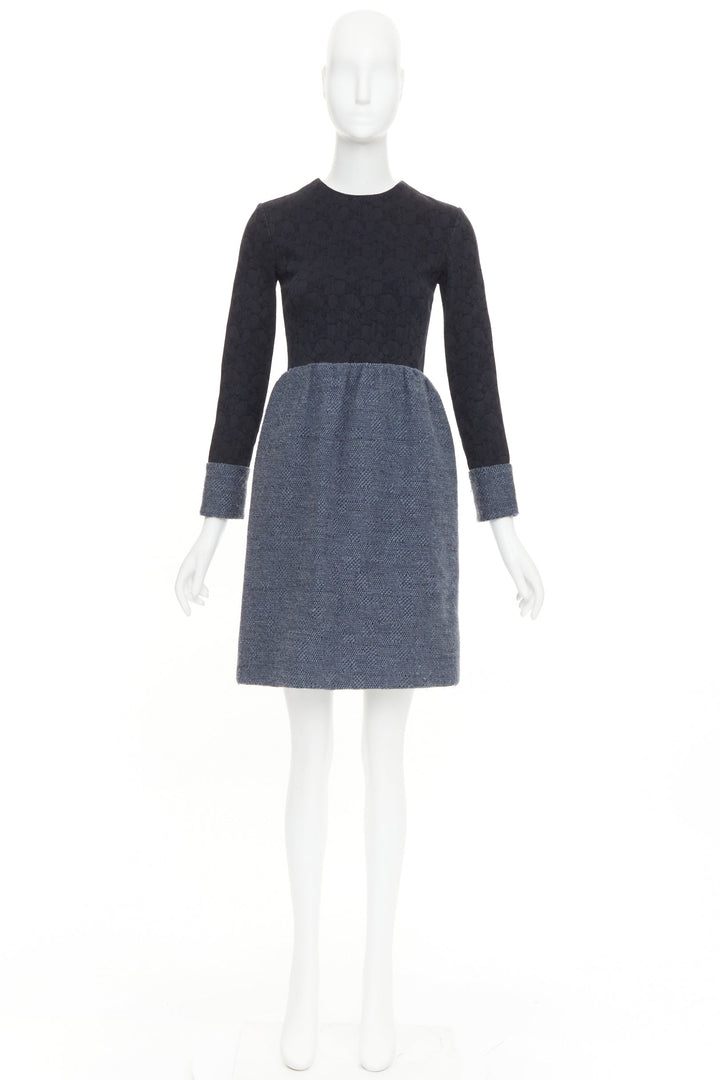 THE ROW black grey wool blend floral jacquard boucle zip trim midi dress US2 S