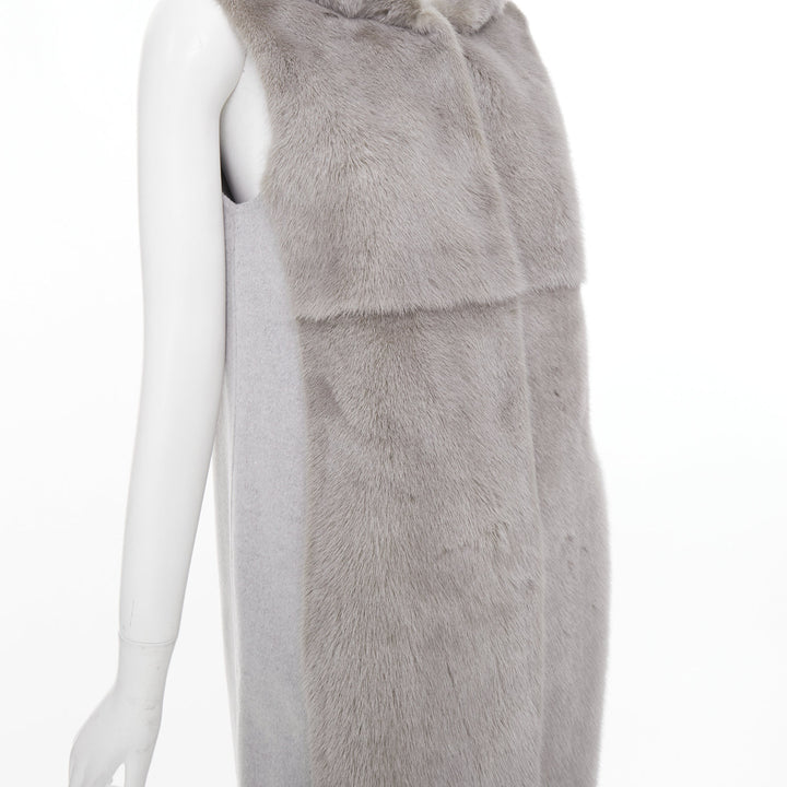 RIVER SKIN grey wool blend real fur panelled hooded long line gilet vest S
