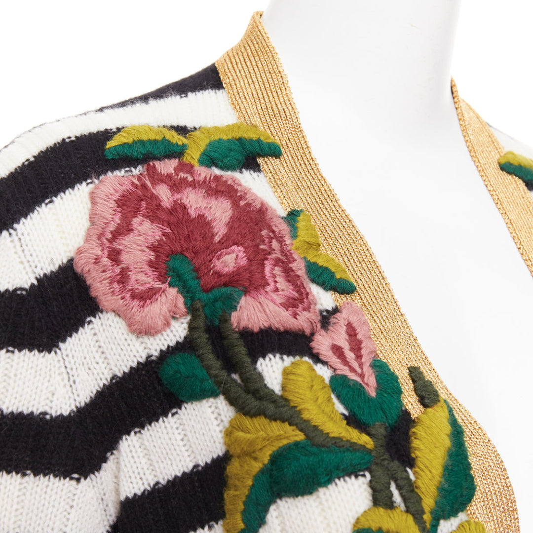 GUCCI Michele black white cashmere wool flower embroidered gold cardigan XXS
