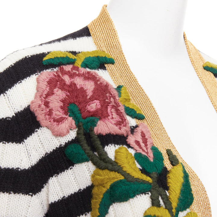 GUCCI Michele black white cashmere wool flower embroidered gold cardigan XXS