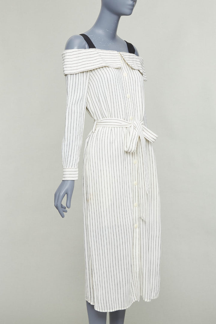 TIBI cream grey pinstriped off shoulder black contrast tie waist dress US4 S